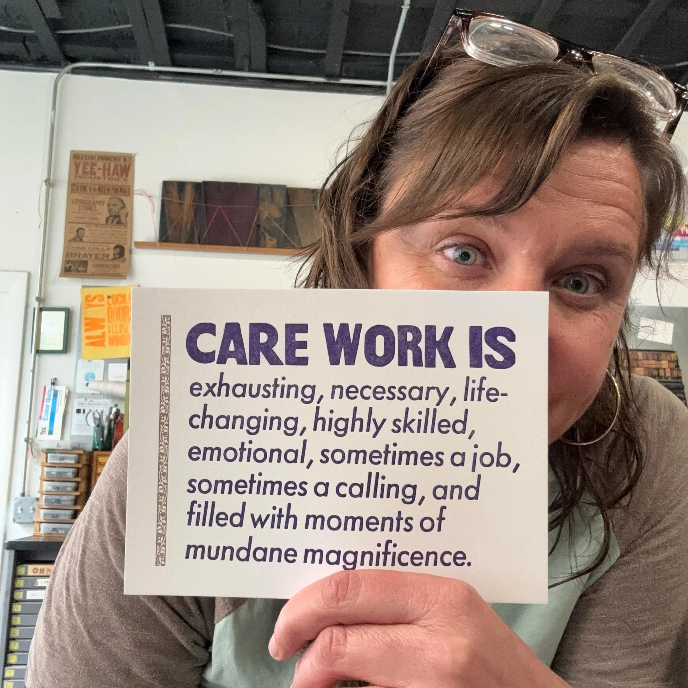 These letterpress prints are finally back in stock &amp; feeling as true as ever. Who else is out there doing care work? I see you. Your work is life. Thank you. 💜💜💜