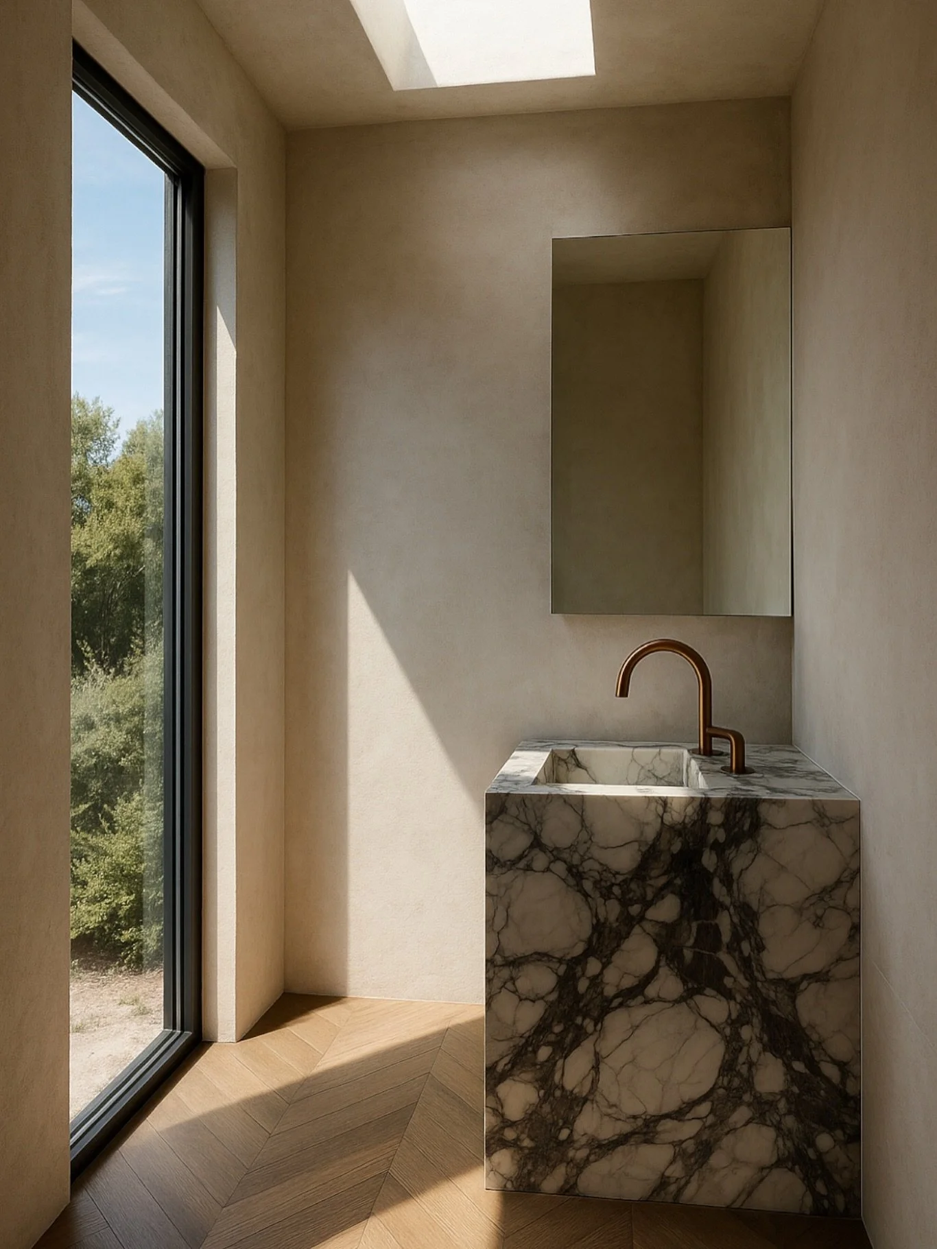 A calm, sculptural powder room defined by natural light and beautiful materials. Plaster walls, a monolithic marble vanity, and chevron oak floors create a warm, refined atmosphere where every detail feels intentional.

Interior Design: @yeginfill 
F