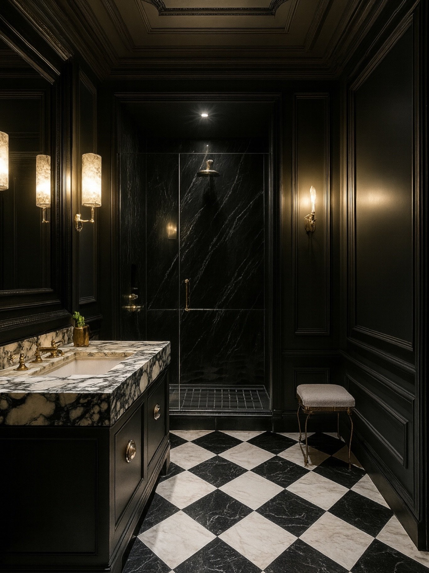 Classic, but make it dramatic 🖤

Interior Design: @yeginfill 
For all inquires, link in bio! 
&bull;
&bull;&bull;#bathroomdesign #finditstyleit 
#decorinspiration 
#interiordesignideas 
#interi&ouml;r 
#homewithrue #howihome 
#idcoathome #OneRoomCha