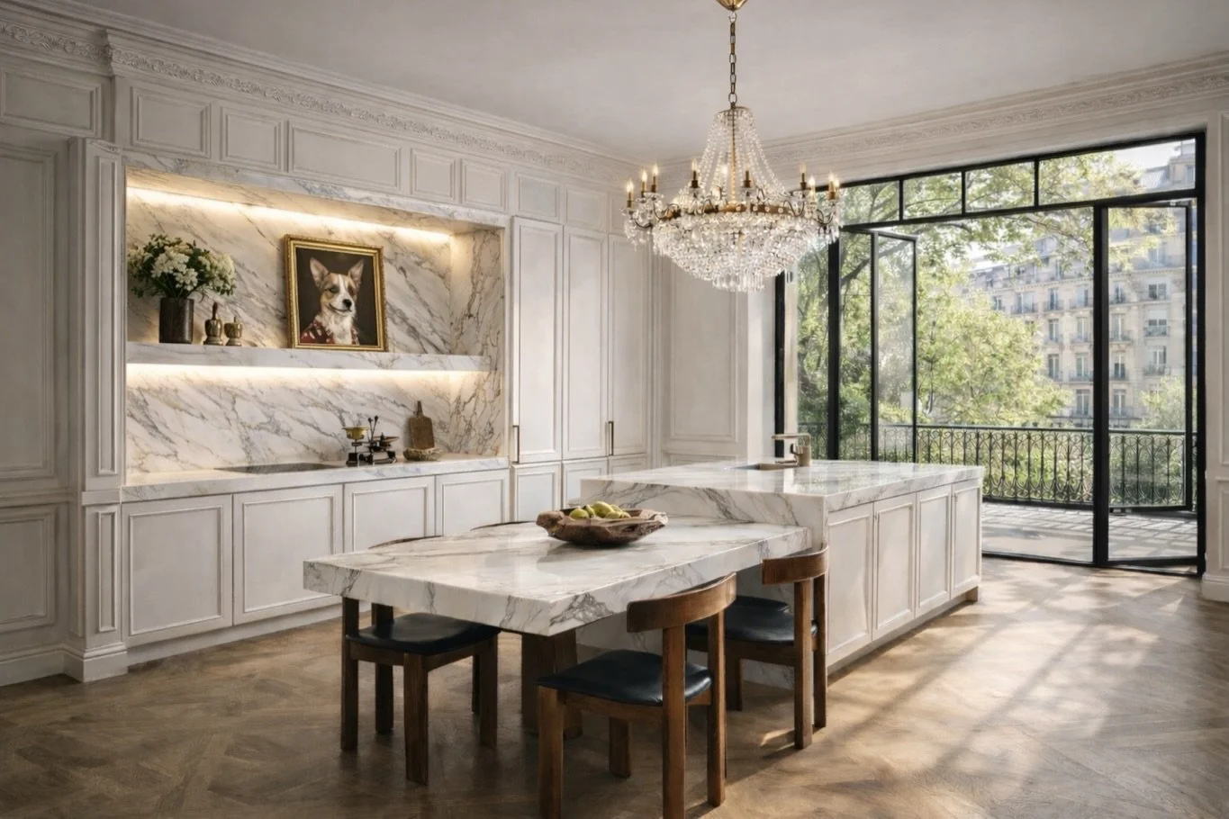 Project Belle - Designed by @yeginfill 
A Parisian modern kitchen where classic architecture meets quiet luxury.

Full-height wainscoted cabinetry drawn to the ceiling, soft integrated LED shelving, and honed marble surfaces create a space that feels