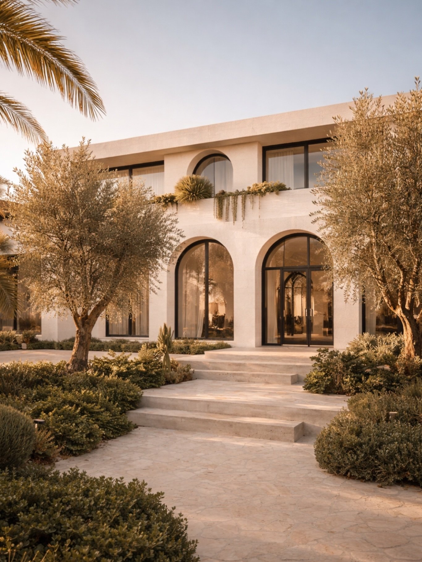 Project Aria concept design - A modern Mediterranean residence defined by soft arches, natural stone, and warm, sun-washed textures. 

Follow us: 👉🏼 Design: @yeginfill 
For all inquires, link in bio! 
&bull;
&bull;&bull;#finditstyleit #raleighinter