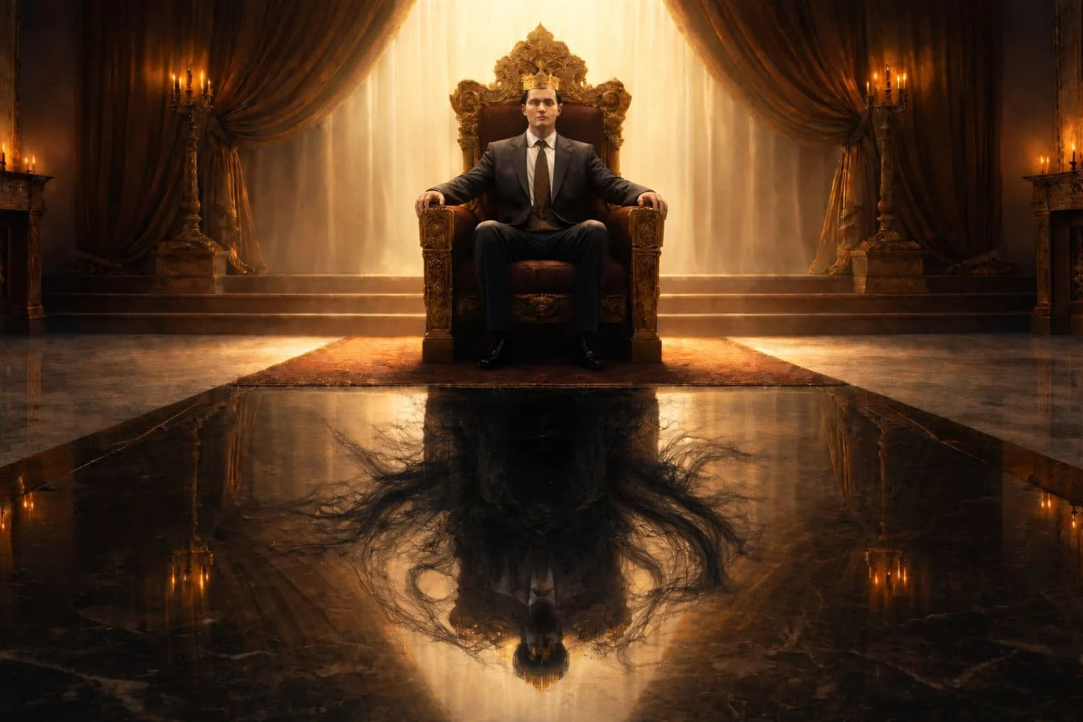 Powerful man sitting on the throne with a corrupted reflection