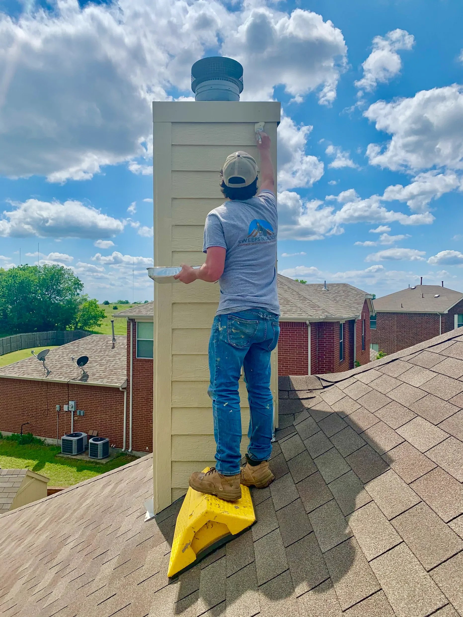 Sweeps N Ladders technician painting chimney siding on rooftop in Royse City TX