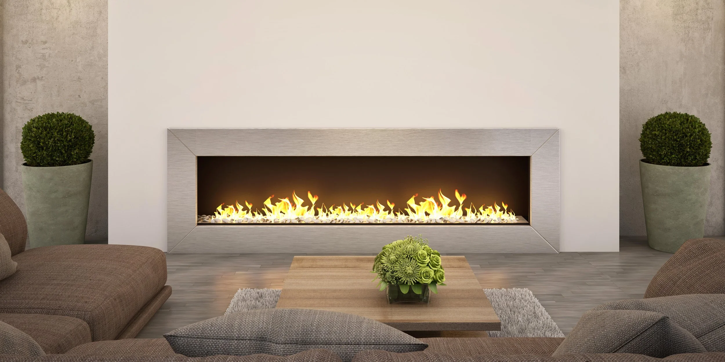 Modern living room with a linear gas fireplace, two tall potted plants flanking the fireplace, and a bouquet of green flowers on a wooden coffee table.