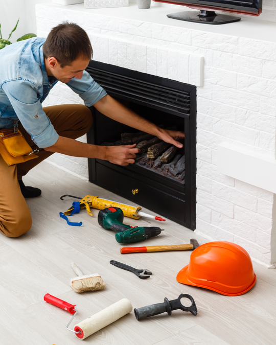 A man kneeling by a fireplace, handling logs for a fire, with tools, a construction helmet, and paint roller on the floor.
