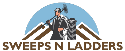 Logo for Sweeps N Ladders featuring a person with a broom and ladder, mountains, and a chimney in the background.