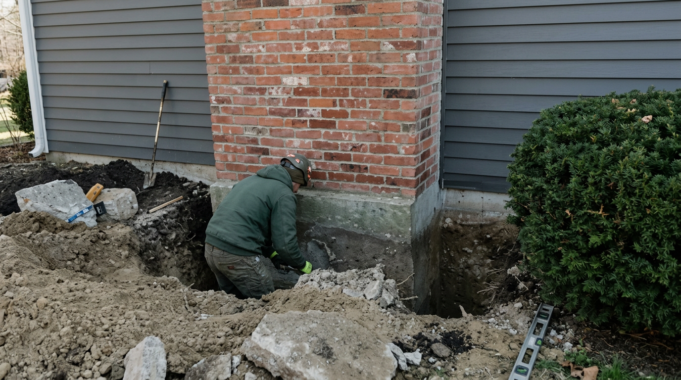 Sweeps N Ladders crew excavating to repair a settling chimney foundation in North Texas