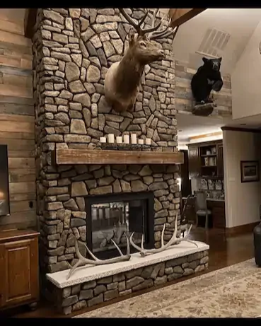 A living room with a large stone fireplace. A mounted deer head is above the fireplace, and a black cat sits on the mantel. There is a white animal skull with antlers on the hearth.