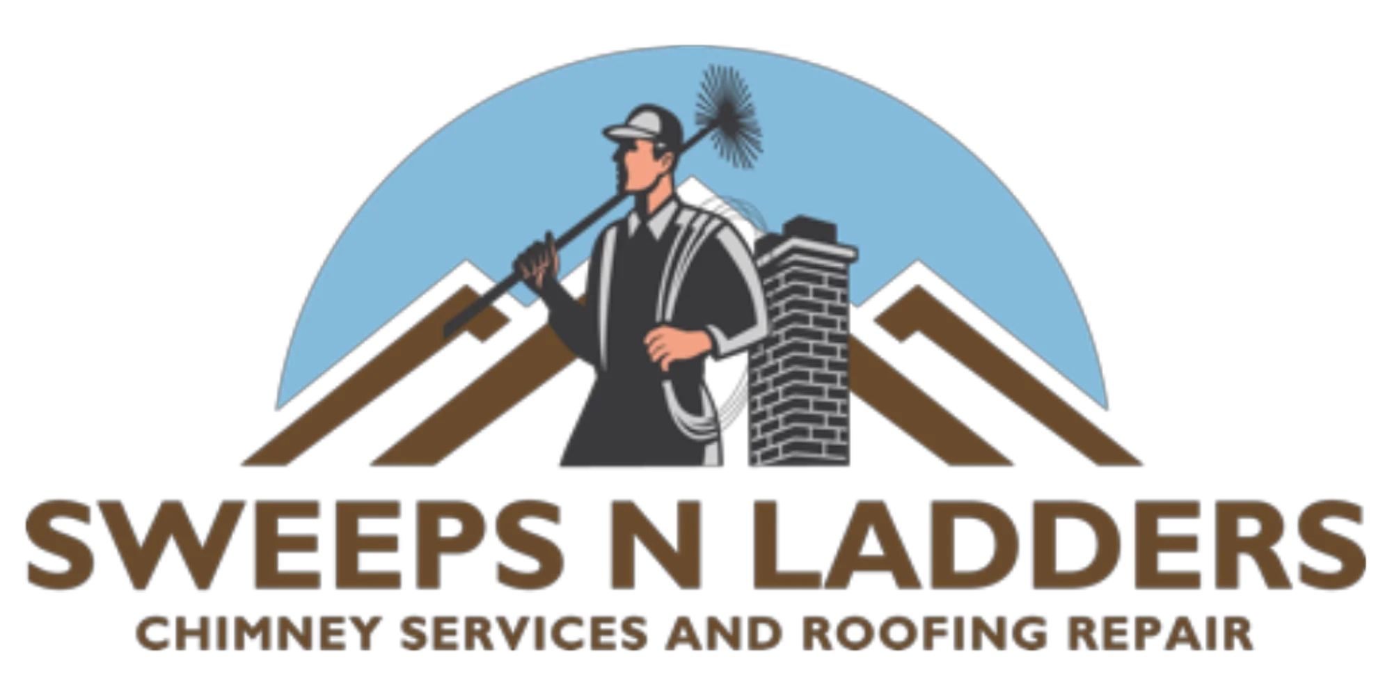 Illustration of a man in work attire holding a broom, standing in front of a chimney with residential rooftops and chimney in the background, and the text "SWEEPS N LADDERS" below.