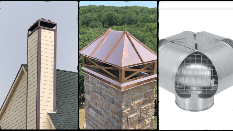 Common chimney cap styles including copper full-coverage caps, stainless steel single-flue caps, and wind-directional draft caps used on North Texas homes