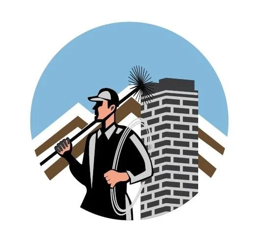 A cartoon-style image of a worker wearing a cap, carrying a tool, and standing beside a chimney with a background of a mountain and a blue sky.