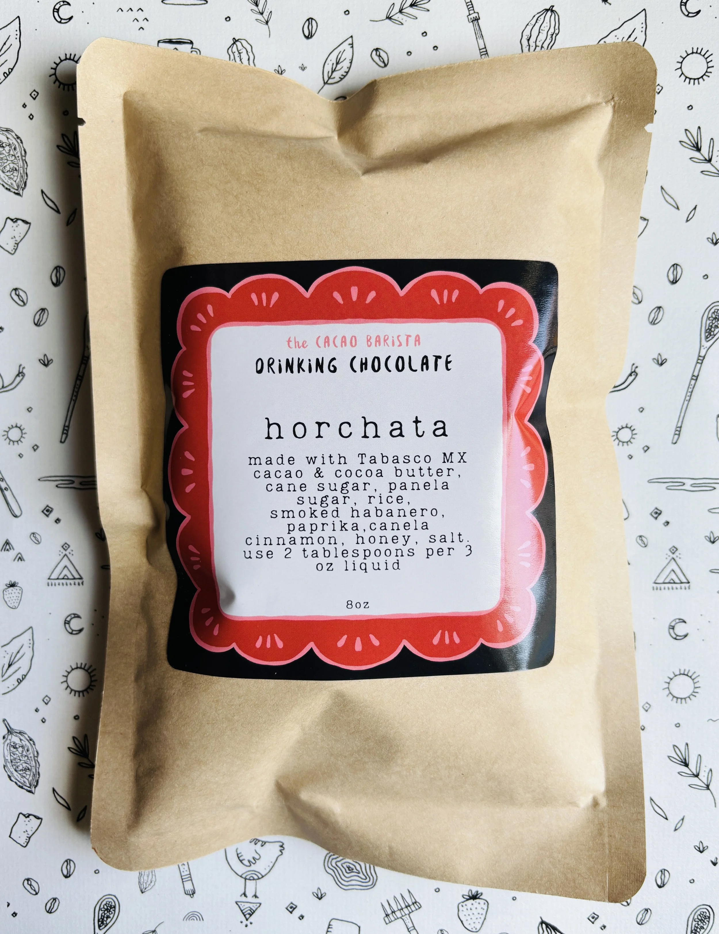 Cacao Barista housemade horchata, 65% Tabasco, MX with smoky & sweet spices