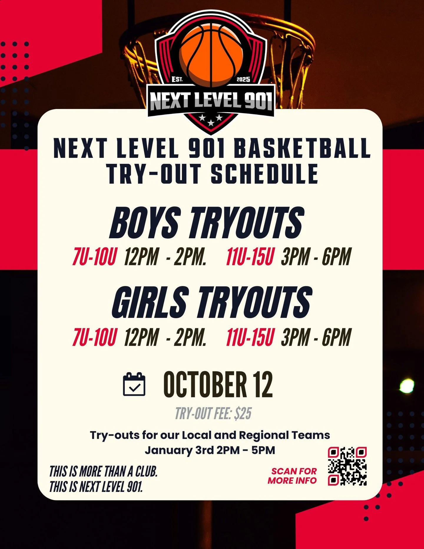 🏀 Mid-season tryouts are here! On October 12, Next Level 901 is looking for athletes ready to push limits, sharpen their skills, and compete. This club is all about growth, discipline, and a path to the next level. 

Is your kid ready to rise? Hit t