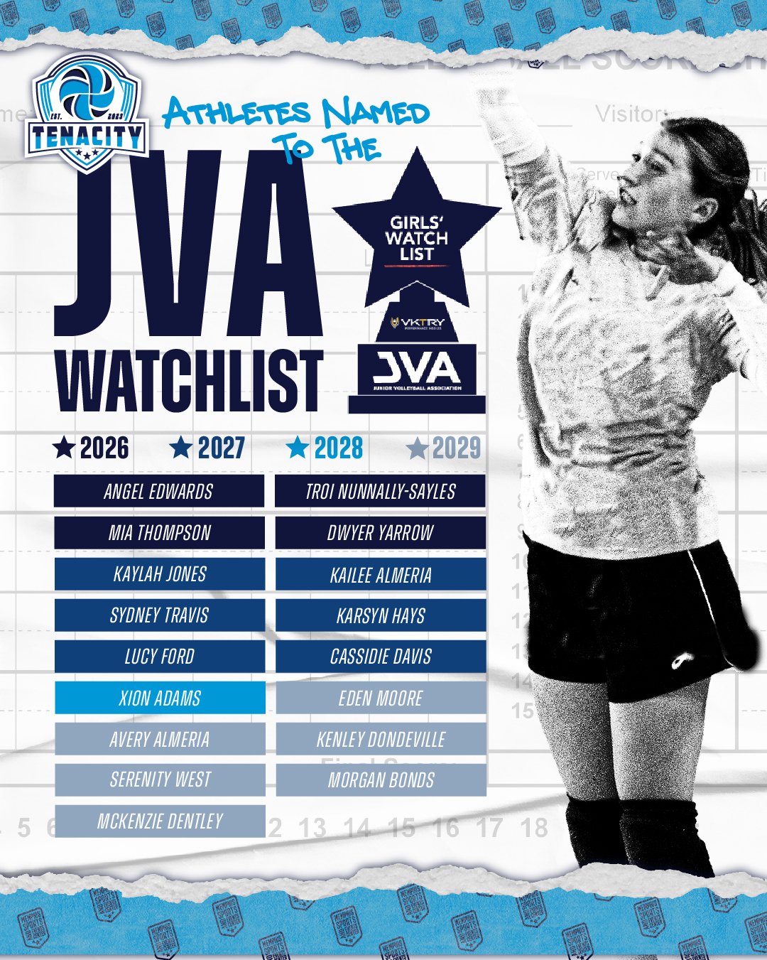 17 @TENACITYvbc athletes. One national statement.

Named to the JVA Watchlist, these athletes are being recognized among the top emerging volleyball talent in the country&mdash;and if you&rsquo;ve seen them play, you already know why.

🥳 Congratulat