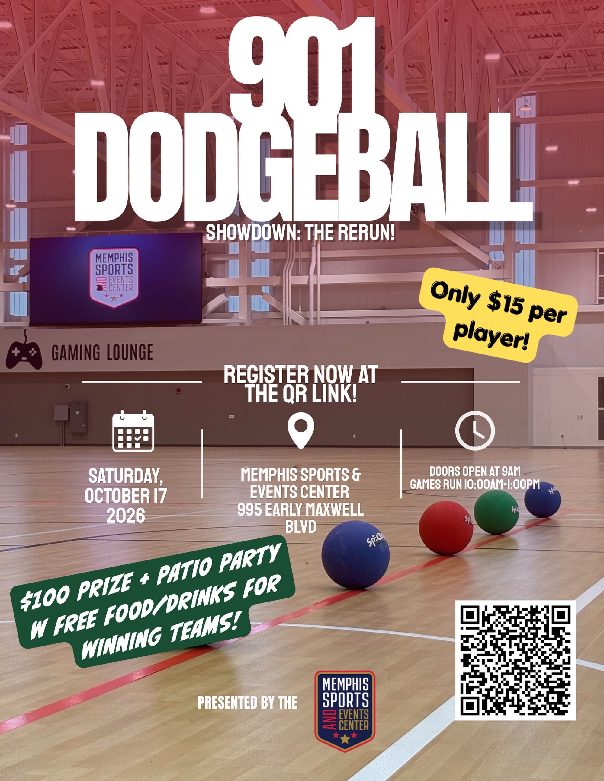 🚨 3 DAYS AWAY! 🔥 The 901 Dodgeball Showdown: THE RERUN is almost here! Grab your squad, secure your spot for just $15/player, and get ready to compete for $100 + FREE food &amp; drinks for the winning team! 🏆🍕

📍 Memphis Sports &amp; Events Cent