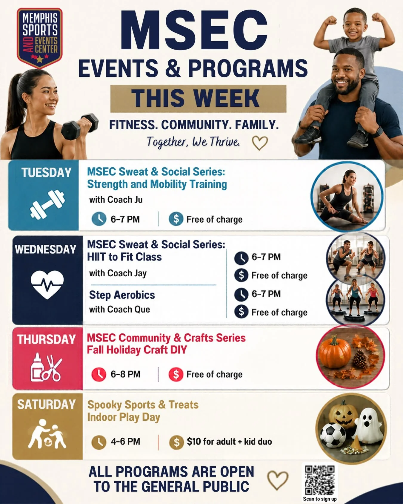 🎉 Another week of fun at MSEC! 💪🏽🍂 From fitness and crafts to spooky sports and treats, there&rsquo;s something for everyone! Join us for a week of FREE classes and community fun on the Halloween Holiday! 🧡

📲 Scan the QR code to sign up!

#mse