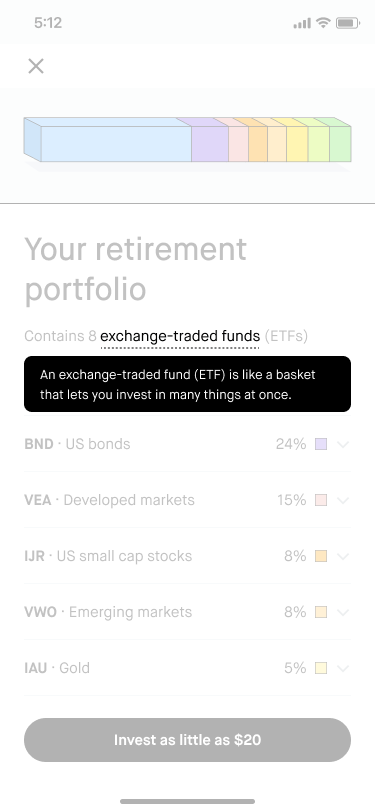 ETF tooltip: The first trade recs flow had a dedicated screen focused on introducing what ETFs are for new investors, but we removed that here, so I advocated for adding in this tooltip that contextualized them in case this was the first time a user 
