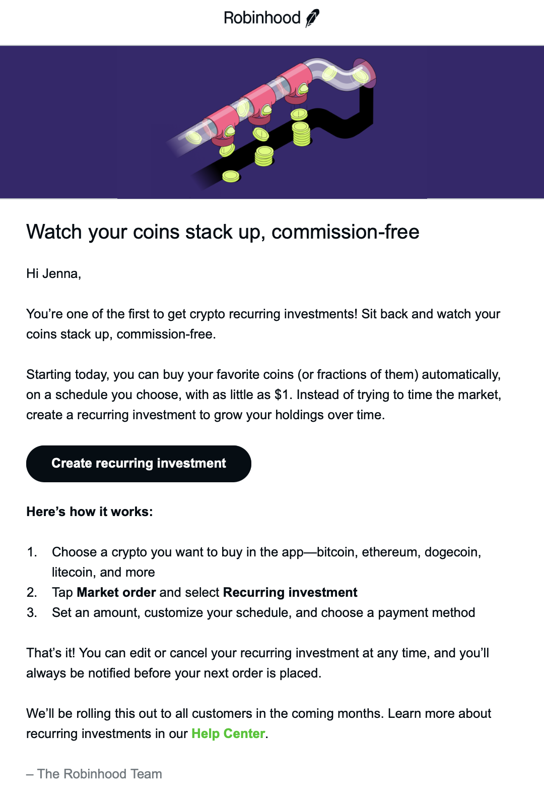 A screenshot of the email we sent to the first customers who got access to crypto re