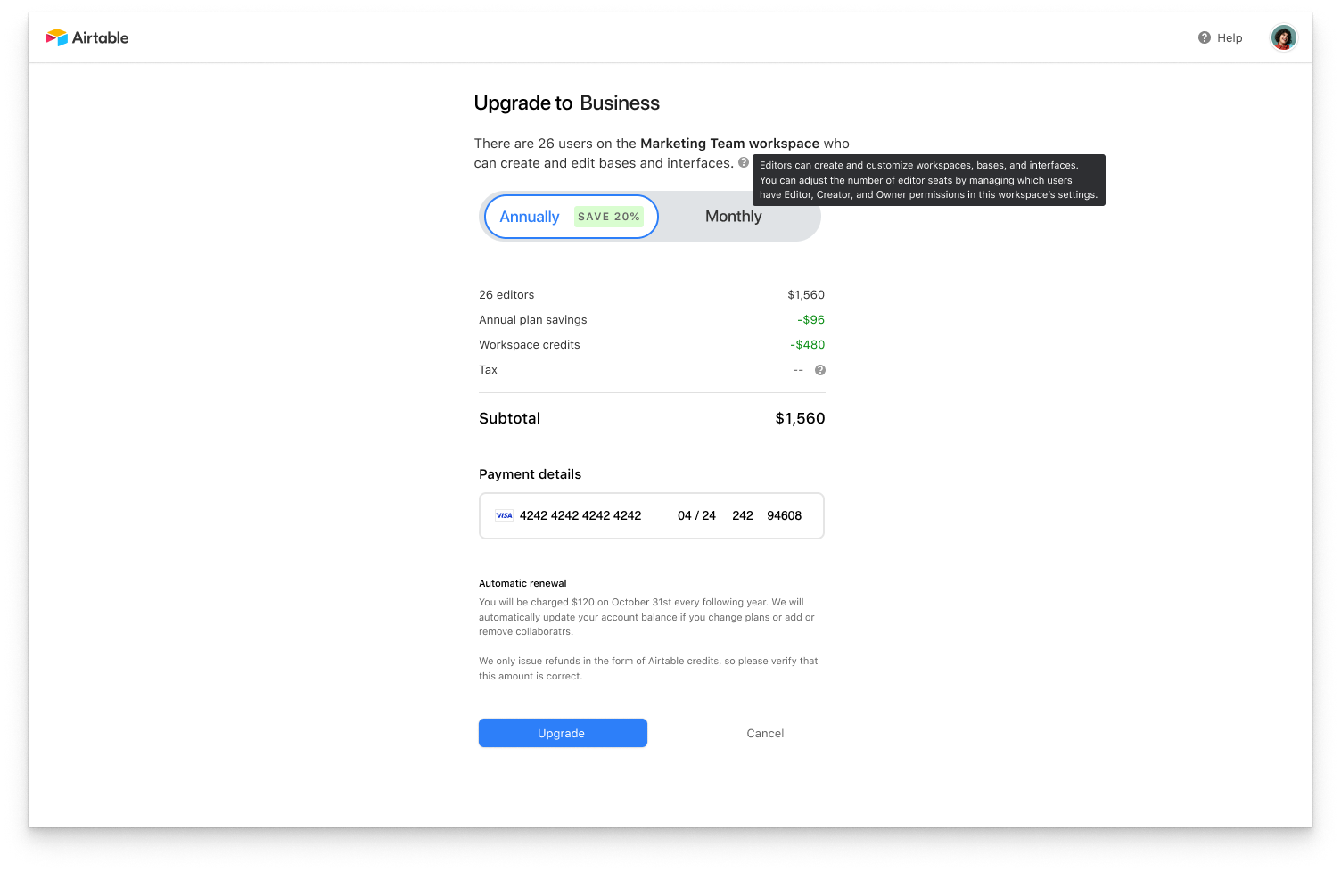 Checkout page: I advocated for a more transparent design that listed exactly which users would need paid licenses, but it was descoped by eng. I was able to get this tooltip in that directed users to their workspace settings, where they could edit us
