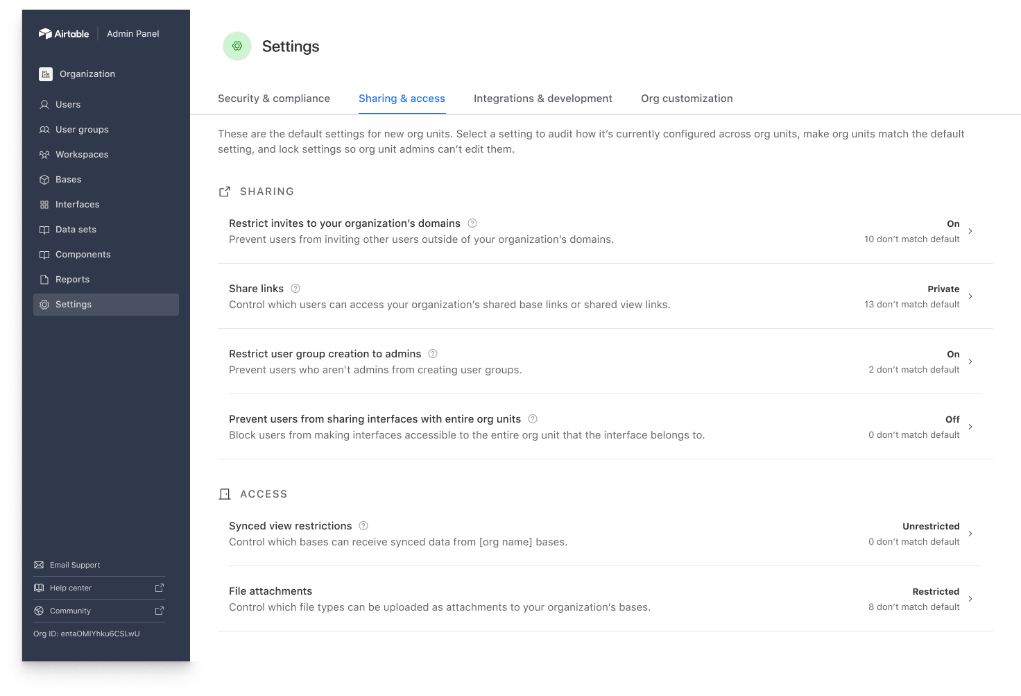 Settings with inheritance controls: If these settings are unlocked, org unit admins can change them. We surface on this page how the setting is configured and how many org units don't match the default setting that the super admin chose. This allows 