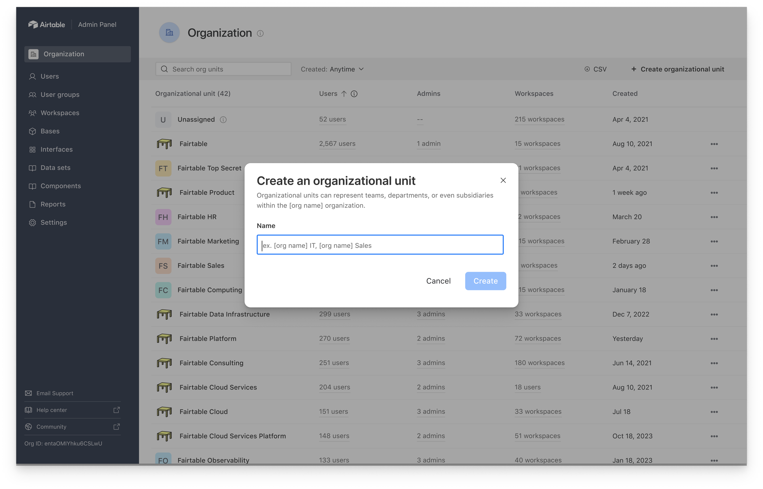Create org unit dialog: Customers were going to be using org units to represent a variety of sub-groups within their organizations, so I tried to reflect that in this subheader copy. 