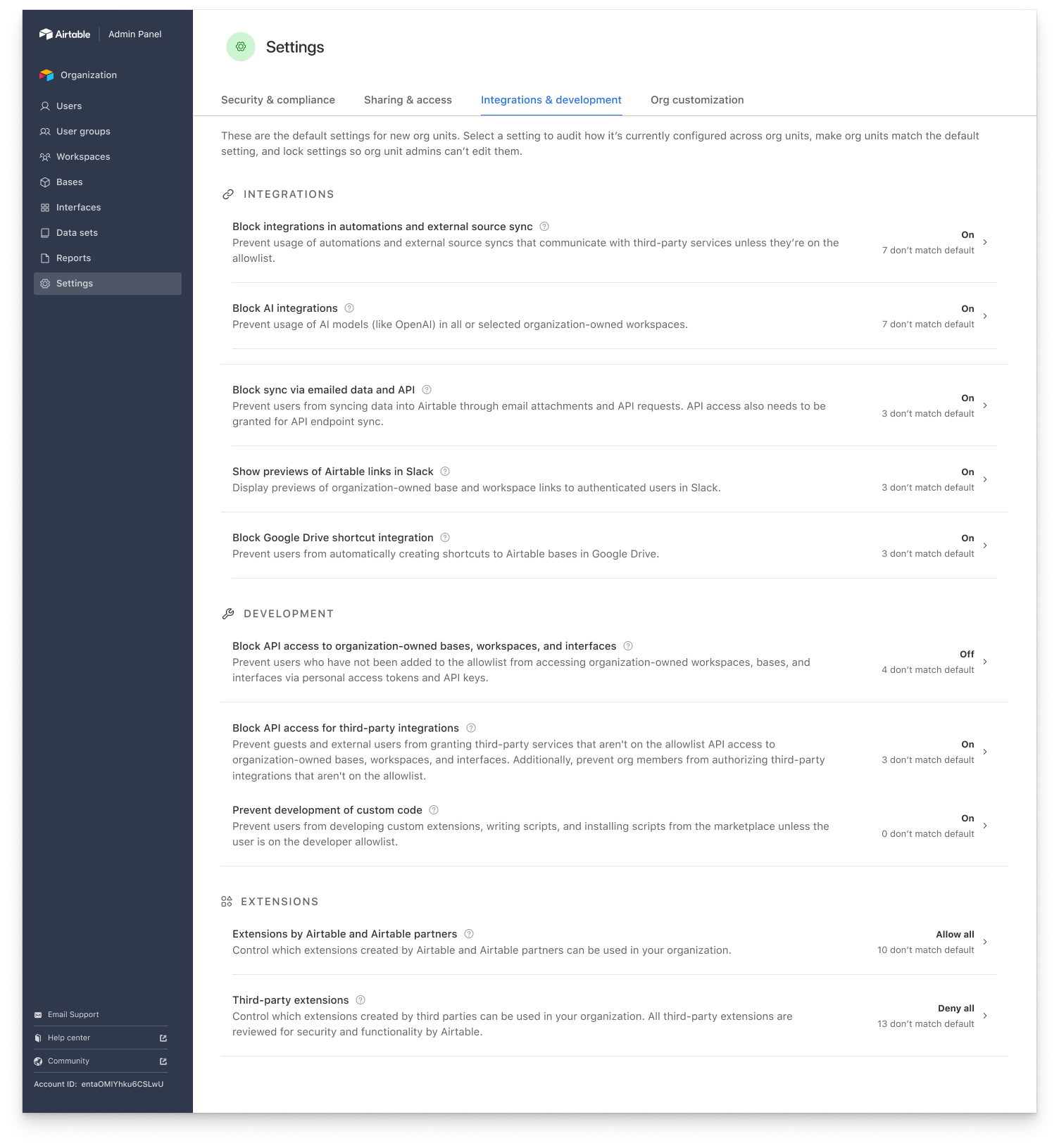 Settings with inheritance controls: Follows the same structure as the previous screen, although these settings are in general more technical and developer-oriented. I completely re-did the settings IA to more logically group related settings together