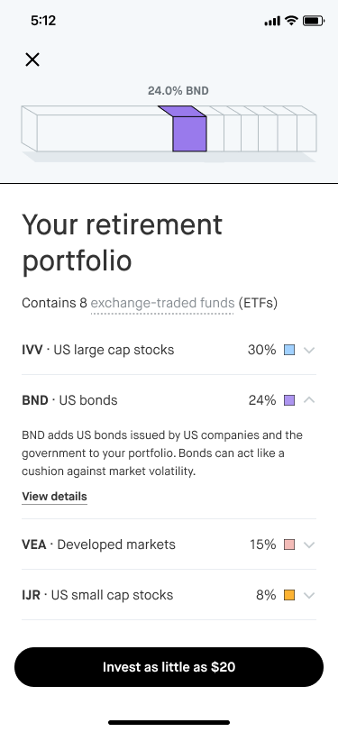 We knew from user research that committing to invest in the portfolio would be the highest-friction moment in this flow, so as a post-launch improvement I suggested that we use the CTA to reiterate to the user in context that they didn't need a lot o