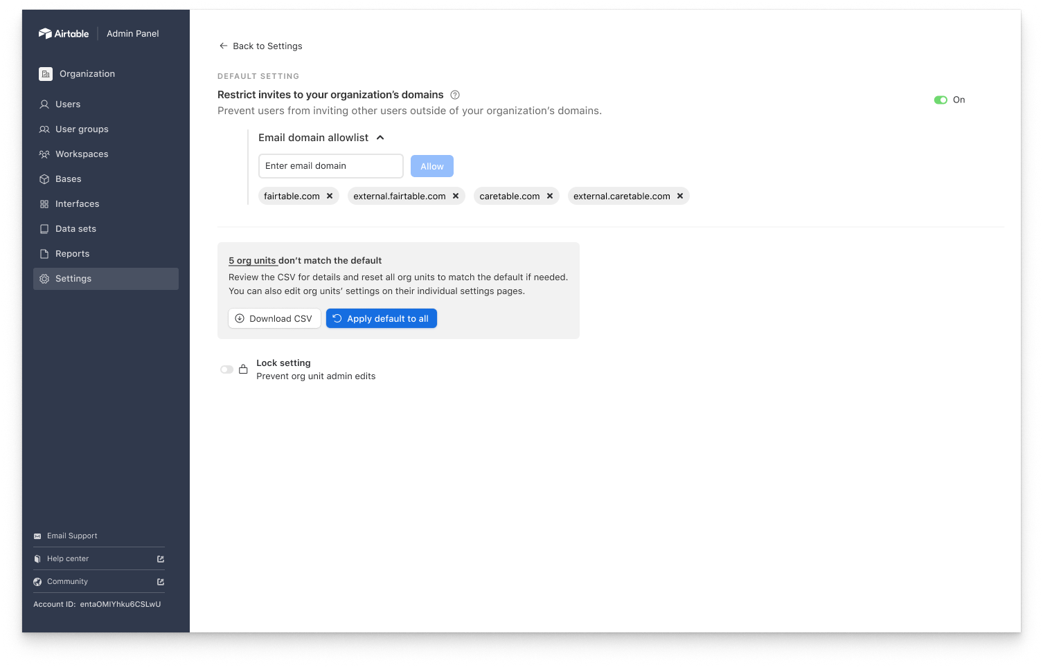 Descoped settings detail page: This setting has a simple on/off control, so it's written as an imperative verb statement. When the setting is on, the statement is true. I propagated this structure across other settings that used boolean controls. Add