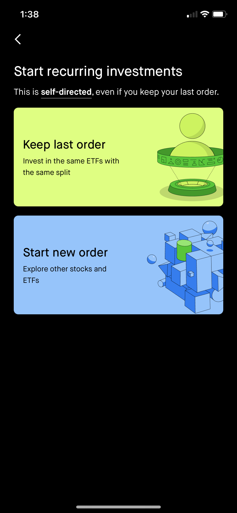 Choice cards: I actually designed this screen E2E (except for the illustrations). The combination of the discrete cards and the parallel but contrasting content structure makes keeping the recommended ETFs an explicit choice and creates room for us t