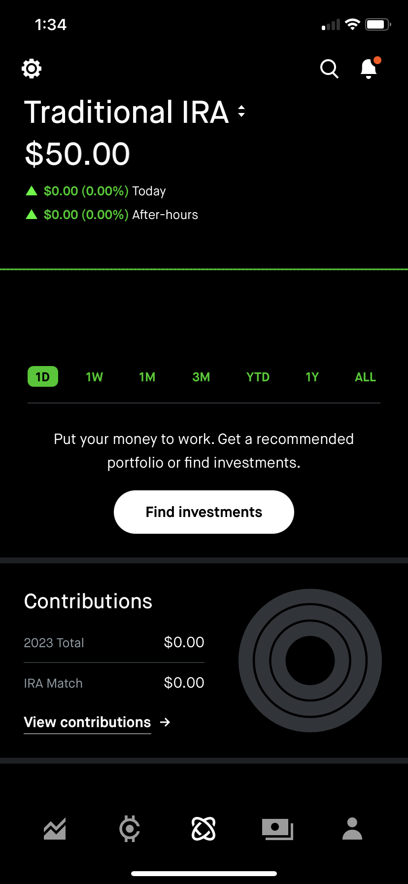 IRA home screen: Find investments CTA leads to recommendations experience.