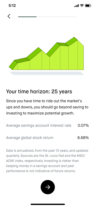 Time horizon: Primes the user to expect volatility in the markets, but reassures them that it's normal and something that will even out over time. 