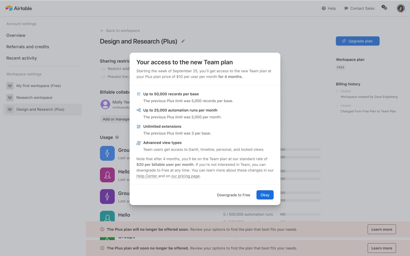 Initial Plus workspace settings dialog: Initially, the team was directed to give customers discounted access to the new Team plan, but eventually move them off the discount—which would double their bill. 🥲