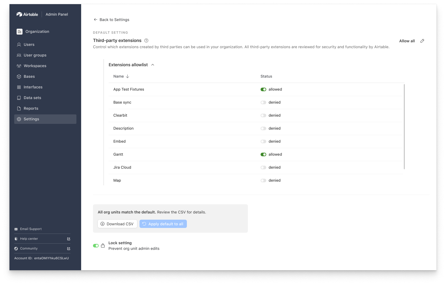 Descoped settings detail page: This setting doesn't have a boolean control—it has 3 different configuration options—so it's written as a simple noun. I propagated this pattern across settings with a similar set of configuration options.  