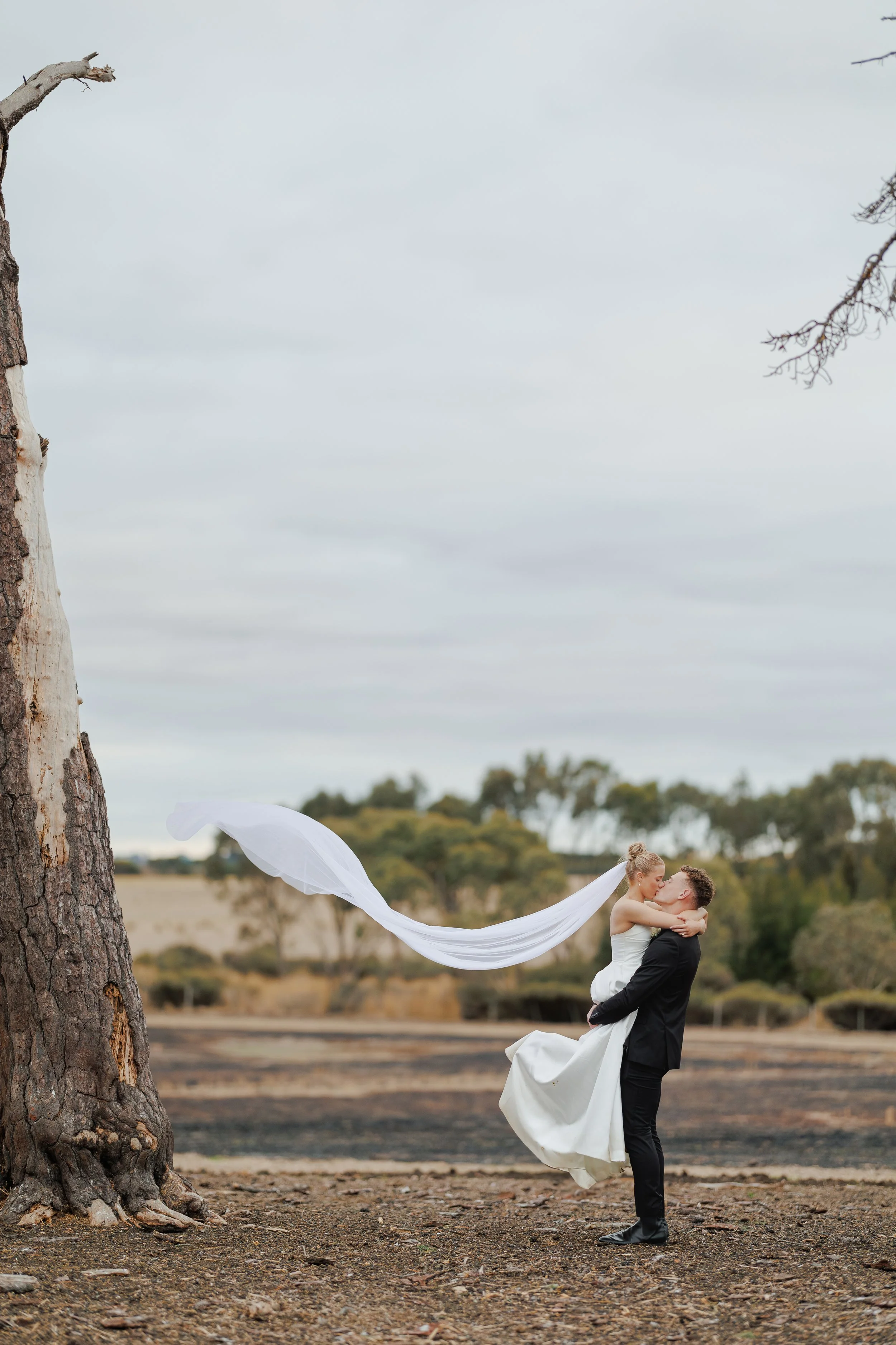 A bride and groom share a kiss outdoors near a large tree, with the bride wearing a white wedding gown and veil, and the groom in a black suit, under a cloudy sky.