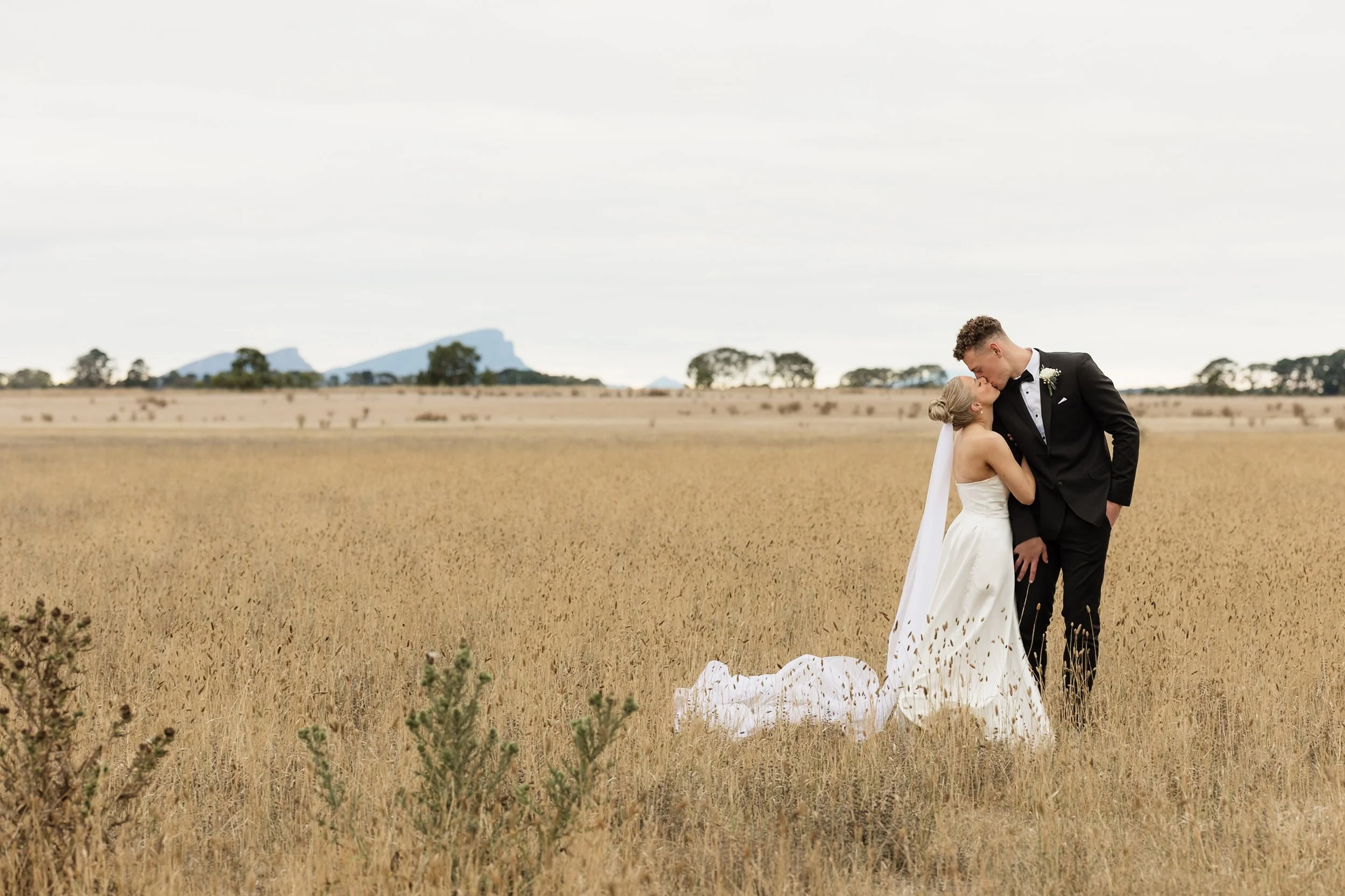 A bride and groom in wedding attire sharing a kiss in a vast, open field with mountains and sparse trees in the background under an overcast sky.