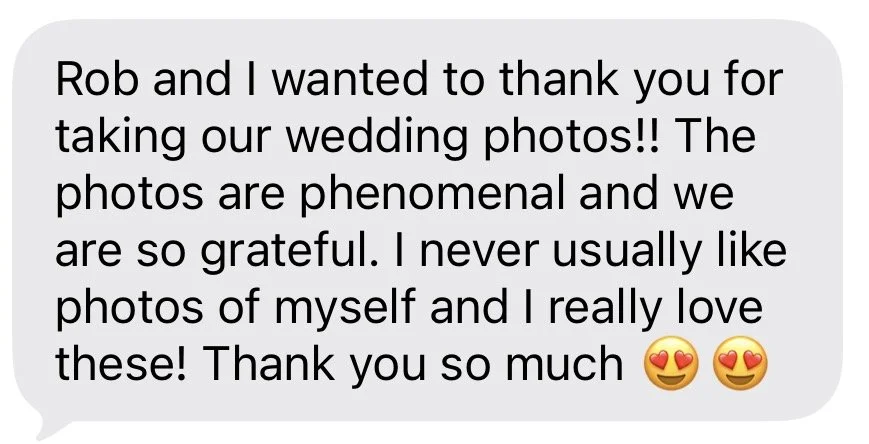 Screenshot of a text message thanking Rob for taking wedding photos, expressing gratitude and love for the photos with heart-eyed emojis.