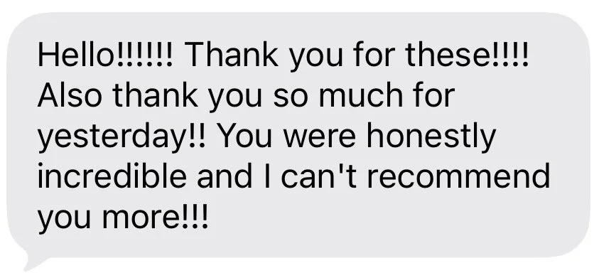Text message conversation expressing gratitude for a service or item, praising the service provider for their incredible work, and recommending them highly.