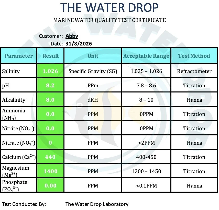 ReefSpec water test certificate
