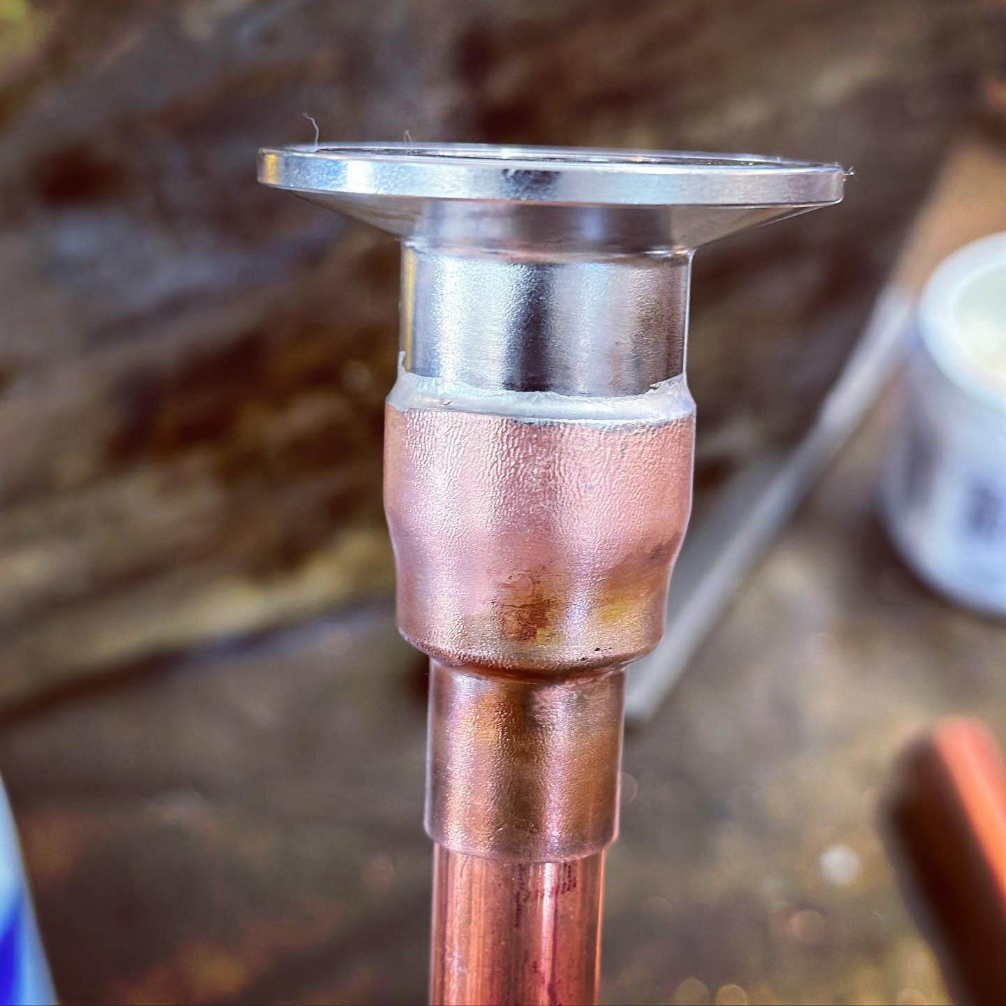 It&rsquo;s not easy (especially this application) but it isn&rsquo;t impossible. Standard plumbers #solder regular water soluble paste flux. #stainless to copper. #soldering #copperstillco #metalfab #metalfabrication #fabrication #copperstills #coppe