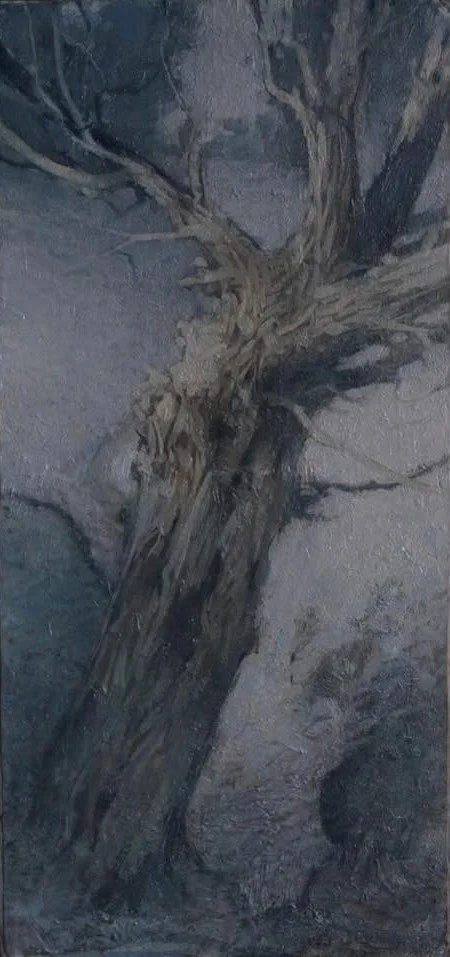 “Tree along the path,Winter Evening” Oil on panel. 14.5x31.5cm 2023-26