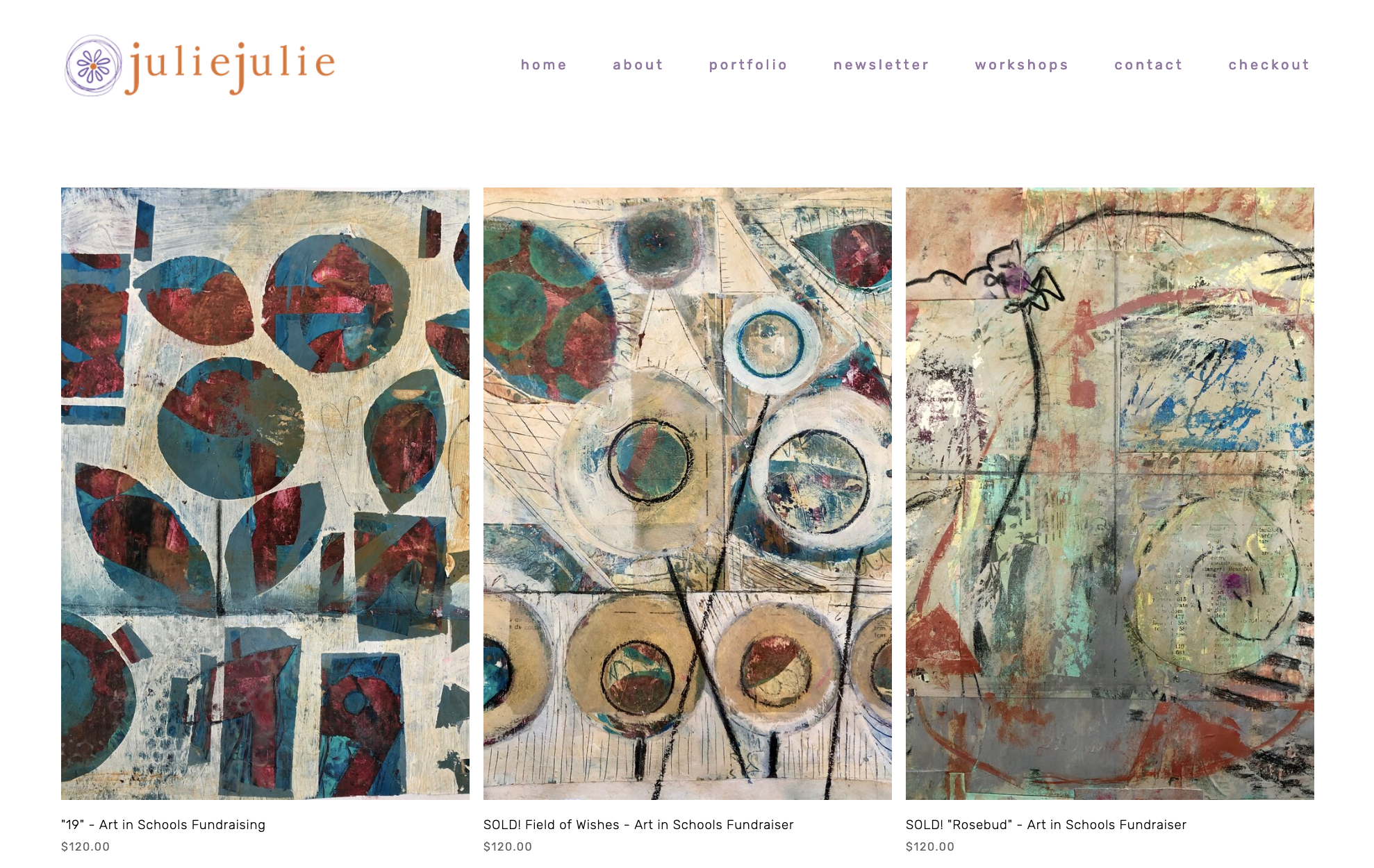 Custom logo and portfolio website lets Julie share her talents, collaborate with artists, and sell workshops and art of many mediums.