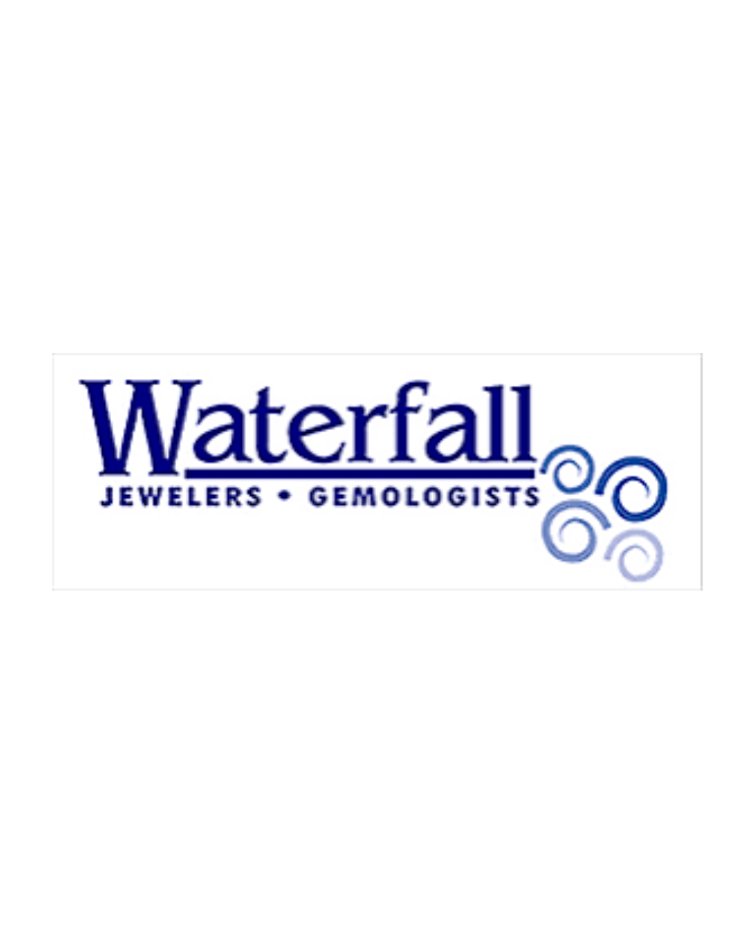 Waterfall Jewelers and Gemologists logo with blue text and decorative swirl design.