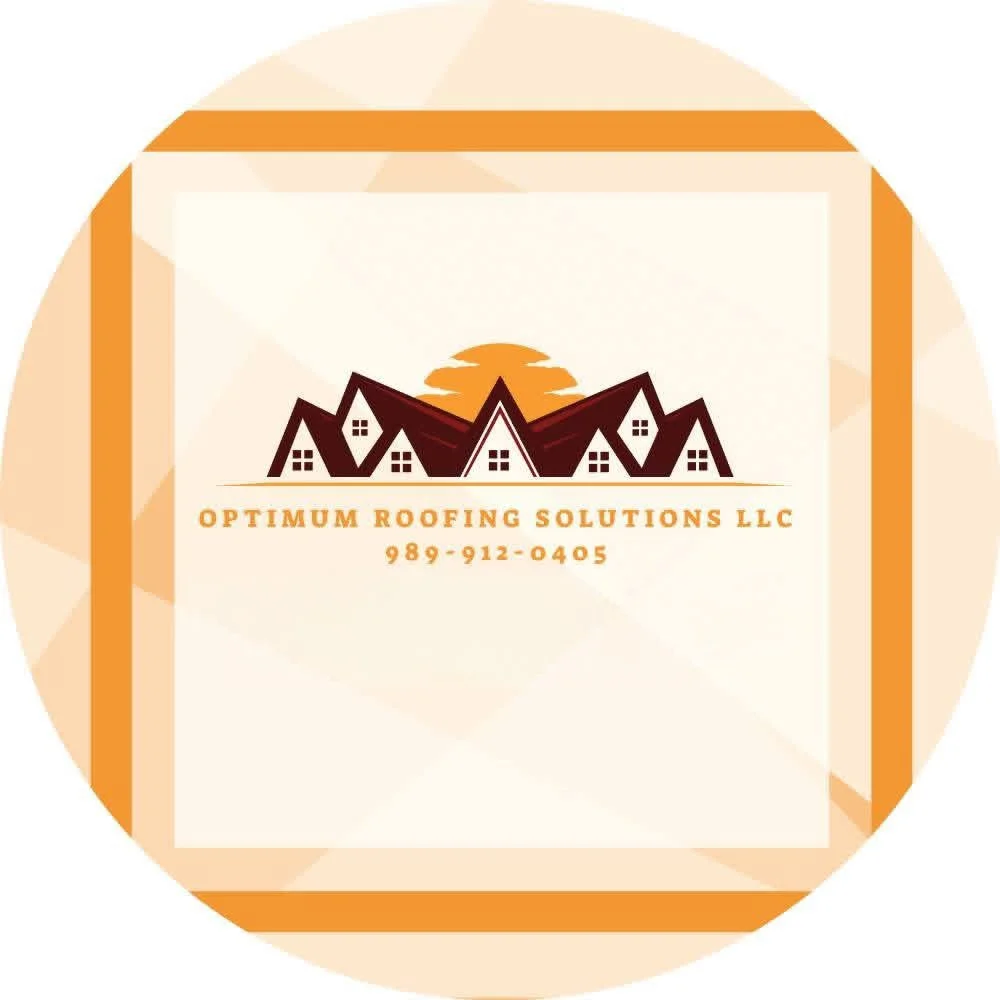 Logo for Optimum Roofing Solutions LLC featuring mountain-shaped rooftops and a sunset, with contact number 989-912-0405.