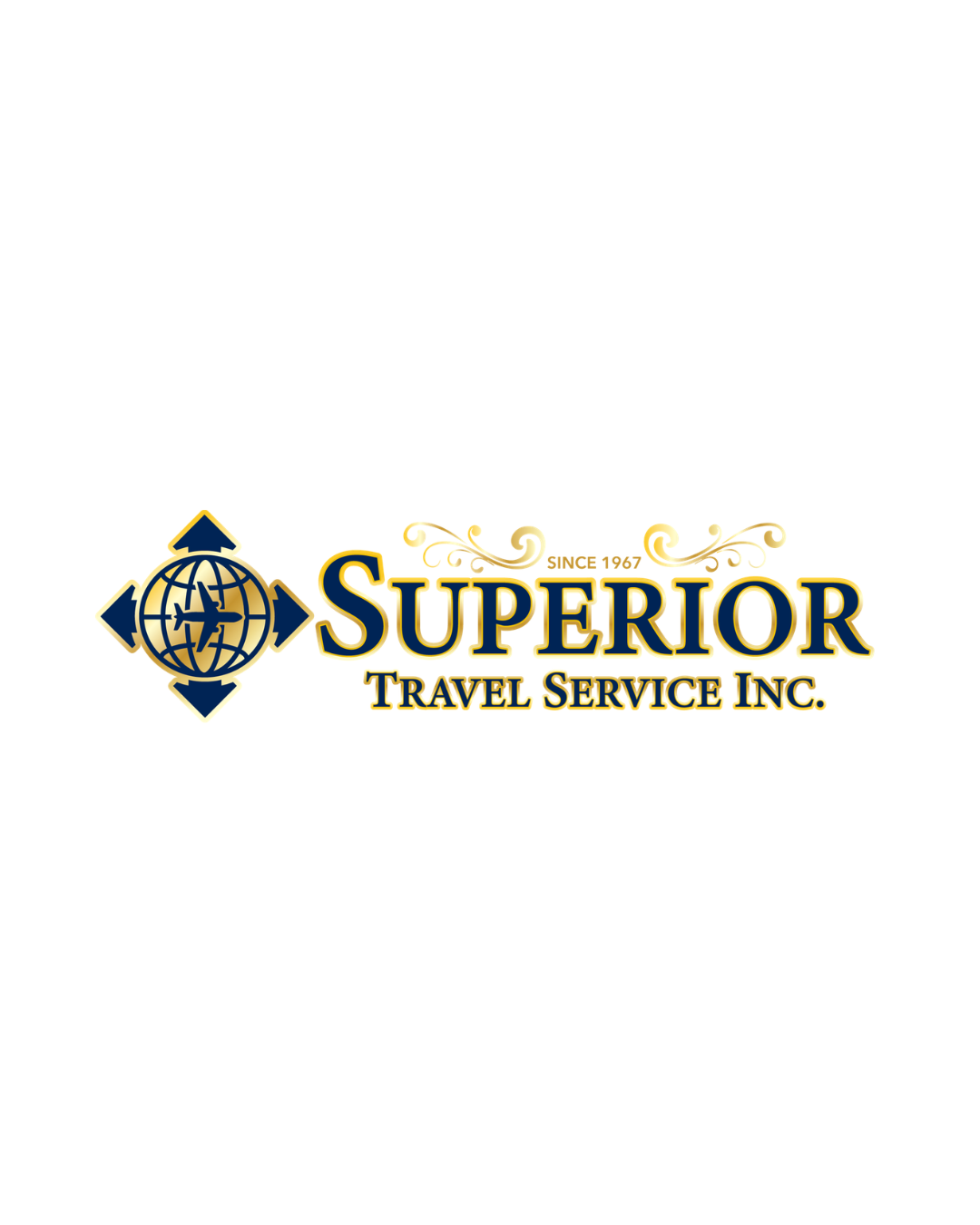 Superio Travel Service logo in blue with a geometric design, the text 'EST. 1967' and the words 'Travel Service' around the design.