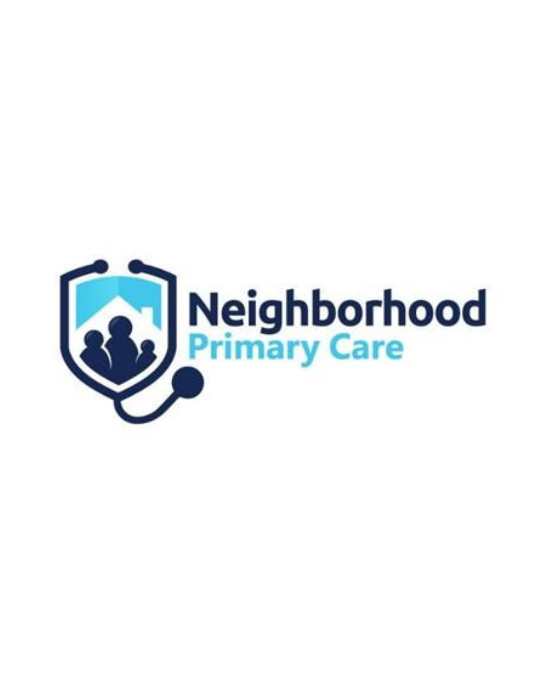Logo for Neighborhood Primary Care featuring a shield with a house and family silhouette, with a stethoscope incorporated into the design.