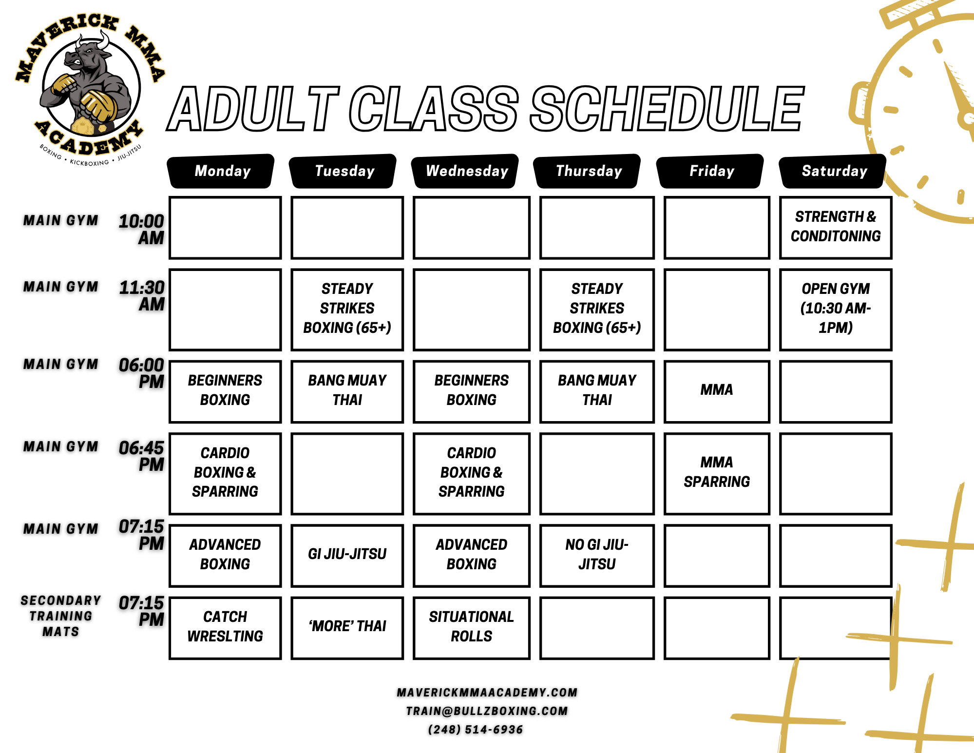 Schedule for adult classes at Maverick MMA Academy, listing class times for Monday through Saturday, including boxing, Thai, Muay Thai, cardio, sparring, advanced boxing, and wrestling classes, with specific times for each.