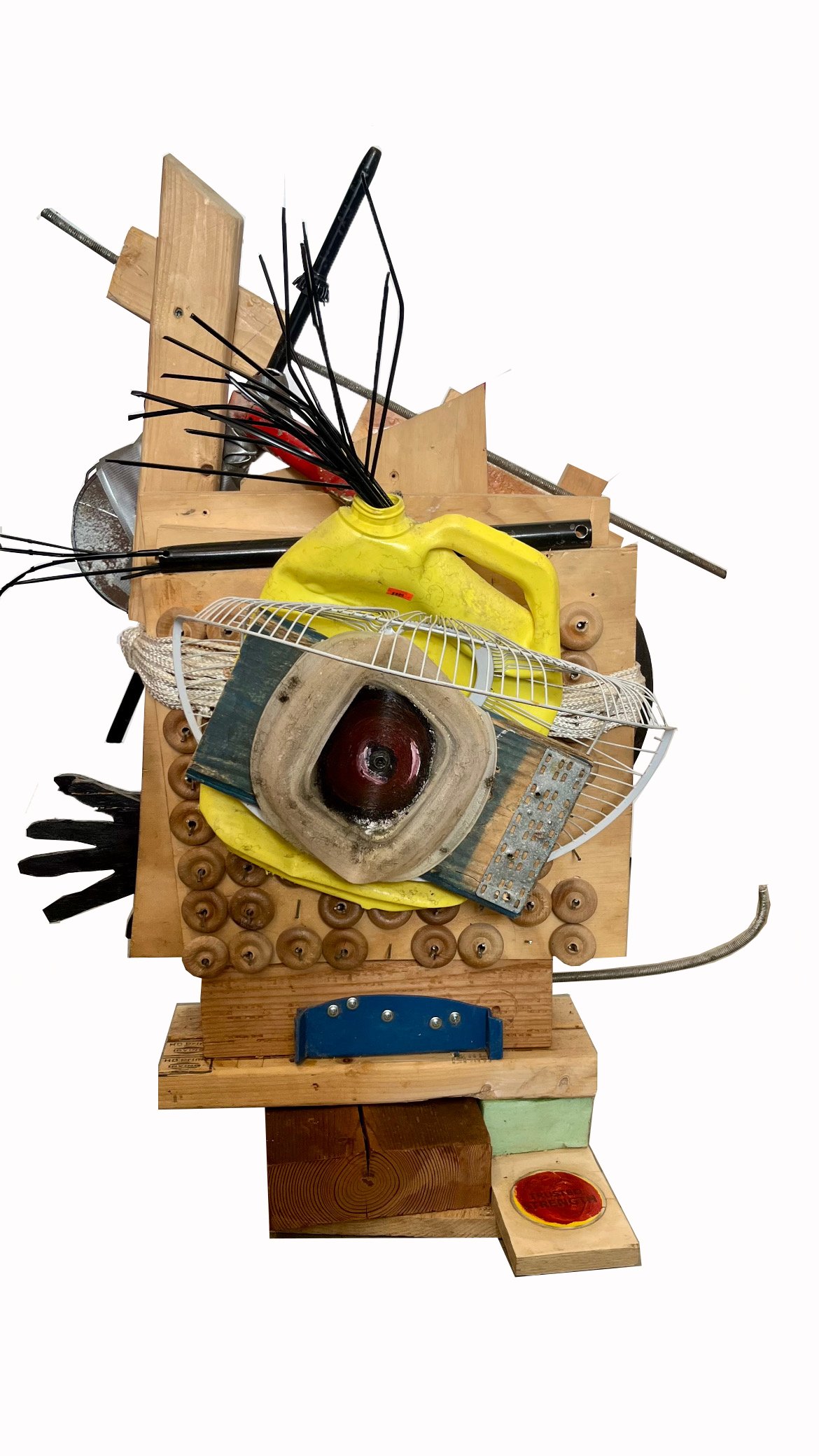 Sculpture with Jazzy Hand (Side A)
wood, metal, mirror, plastic, bicycle tire, electrical cord, canvas, foam insulation, rubber, threaded rod, clamp, nylon rope, fan frame, unbrella parts, turned wood, nails, glue, artist hair
31.75" x 27" x 21.50
