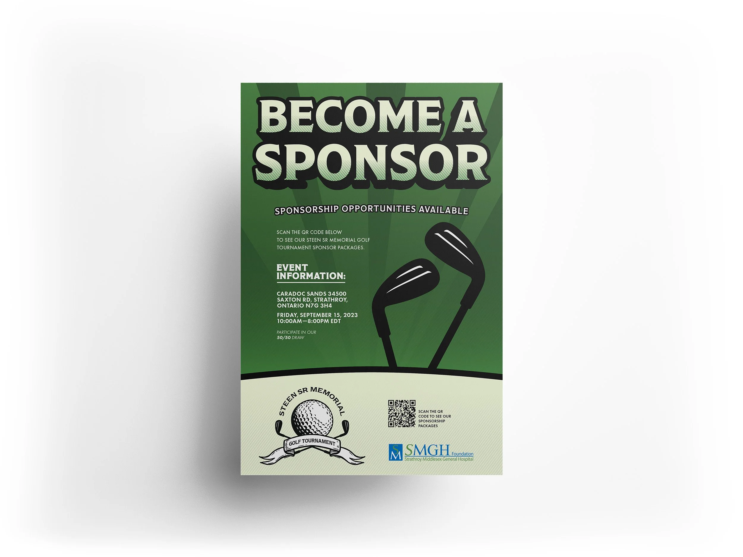 An exciting yet classy poster design, encouraging people to sponsor the Steen Sr. Memorial Golf Tournament in 2023.