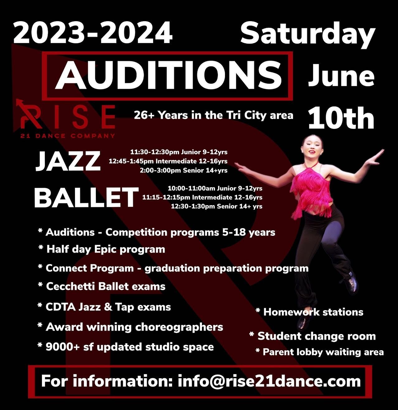 Join the Rise21 Dance Company Family.  2023/24 Auditions will take place Saturday, June 10th.  For more info please email info@rise21dance.com or click the link to register. #newseason #letsgo