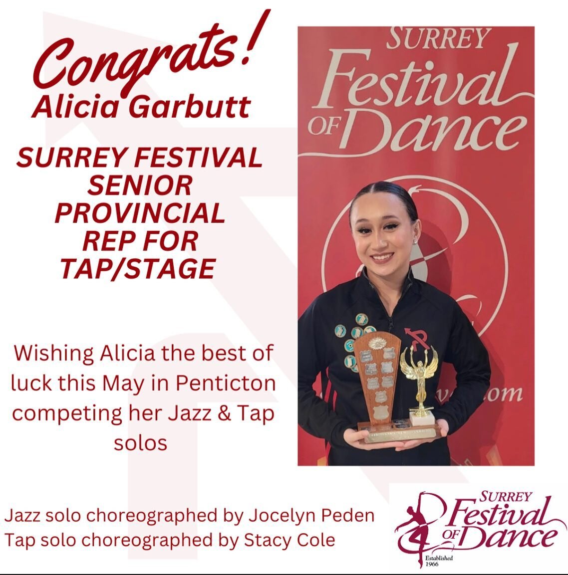 Wishing our Accelerated Company dancer @aliciagarbutt_dance the best of luck as she heads off to Penticton next week. Alicia will be competing at the BC Provincial Dance Festvial representing the @surreydancefest in the Senior Tap/Jazz division. A hu